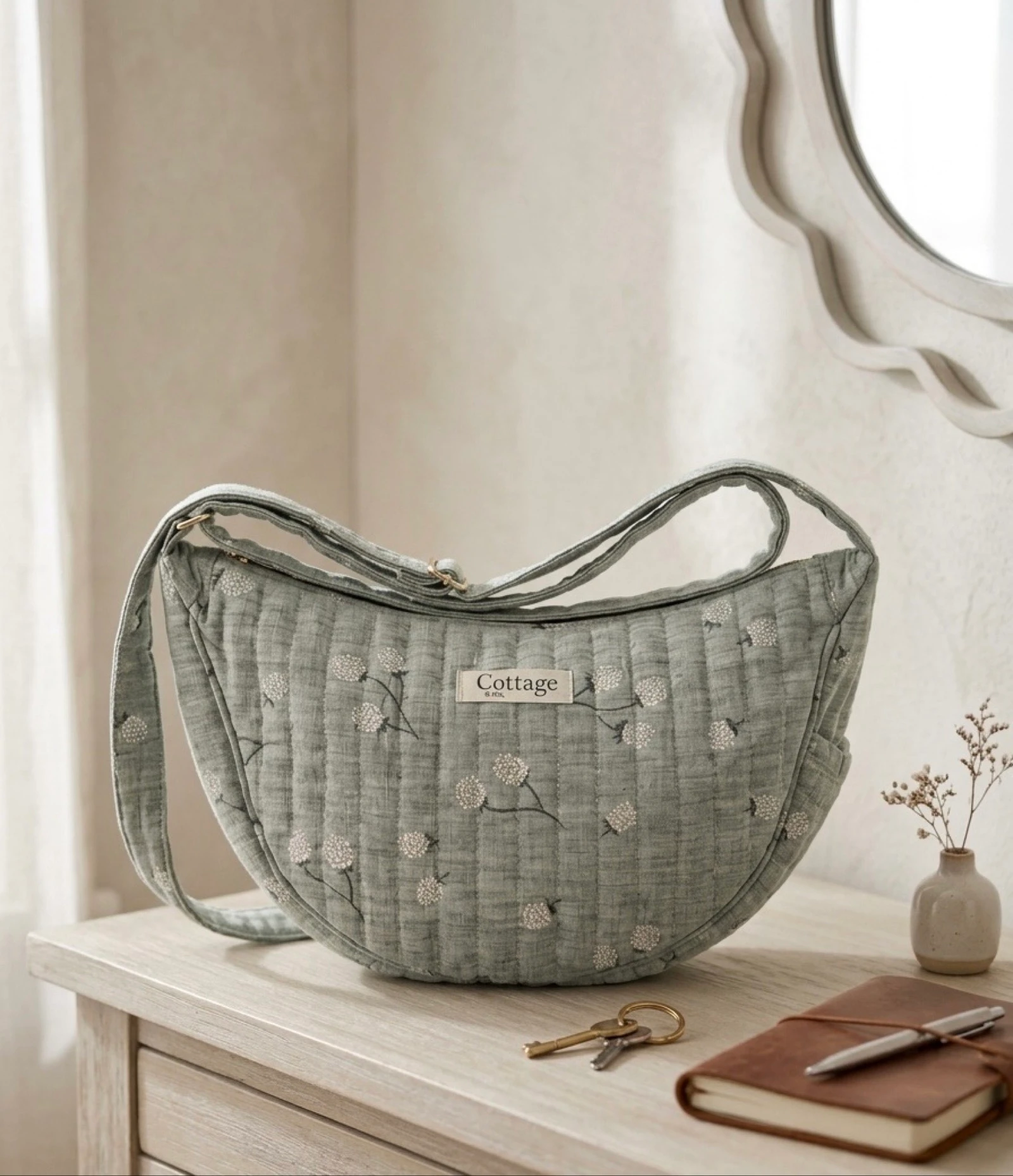 Sac Lune 100% Coton Matelassé Collection Cottage & Bag / Modèle Boules Vert Menthe